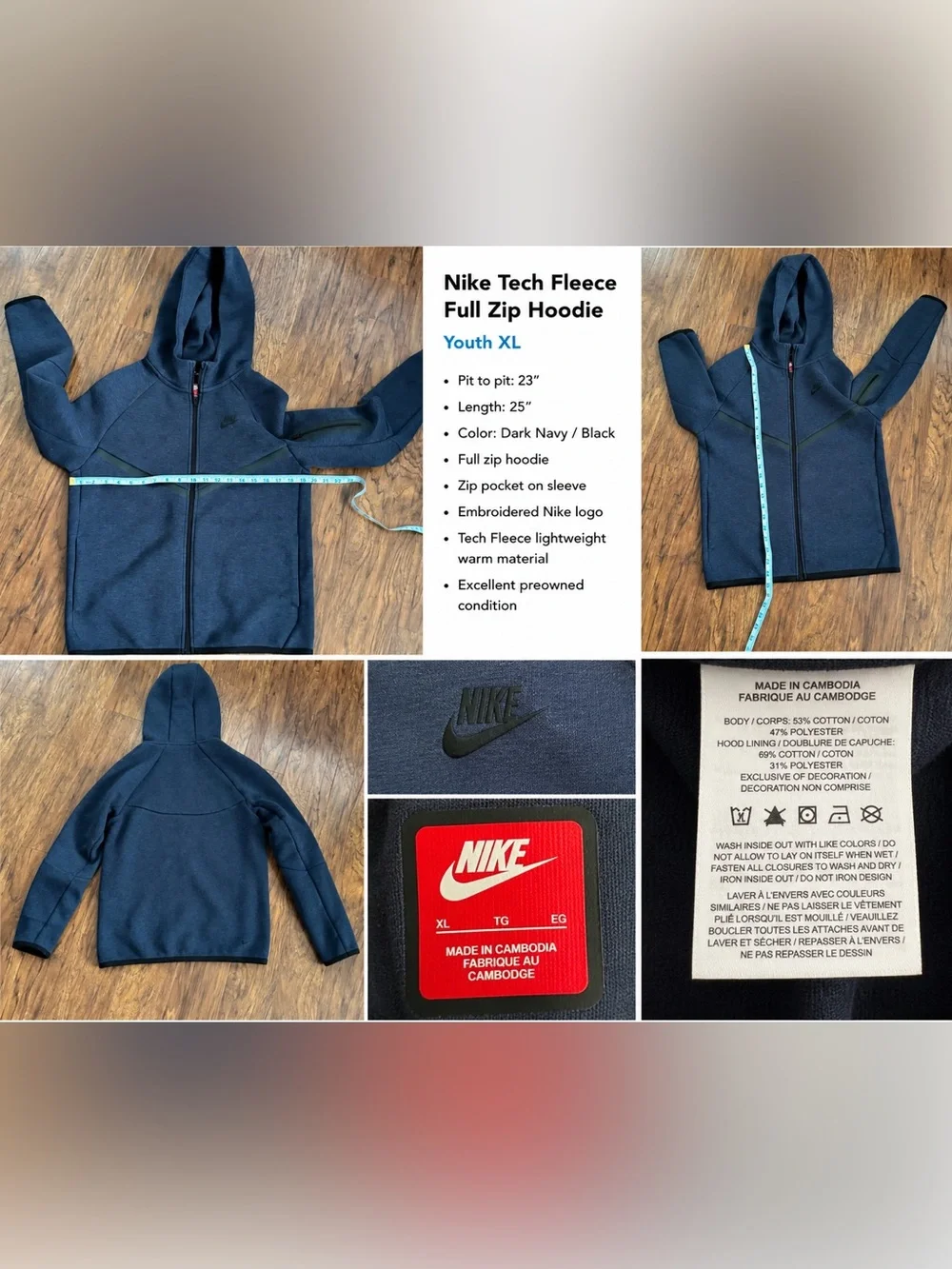 Nike Tech Fleece Full Zip Hoodie Youth XL Navy Black NWOT
